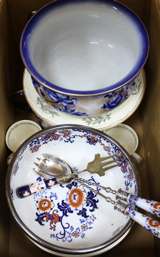 Three chamberpots, salad bowl and servers, two mugs and two plates